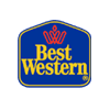Best Western logo with yellow text on a blue background, bordered in gold, featuring a red crown-like design above the text.